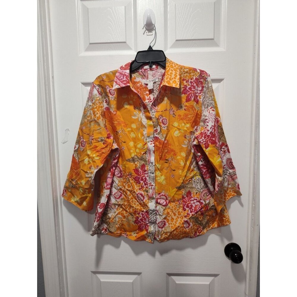 Chico’s No iron Multicolor Floral Paisley Print Hidden Buttonup 3/4 Sz 3 XL/16